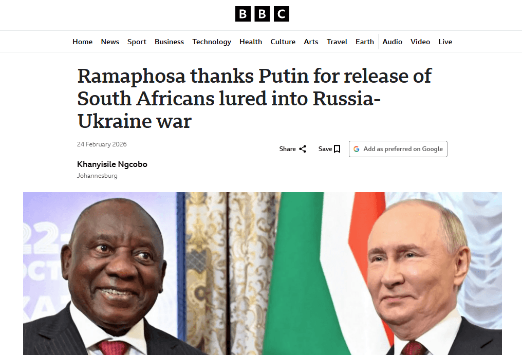 L'Afrique du Sud sécurise la libération de citoyens trompés pour combattre pour la Russie contre l'Ukraine